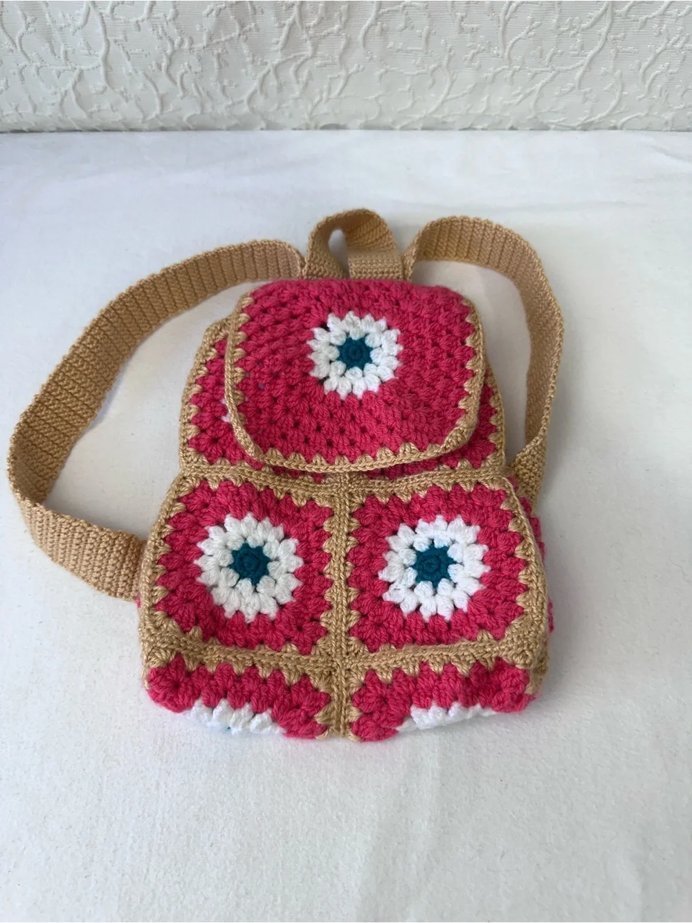 Handmade Pink Crochet Mini Backpack with Gold Trim